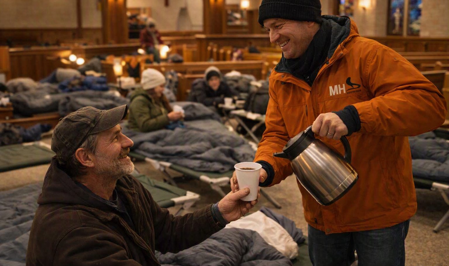 A Mobile Hearth volunteer serving hot coffee to a guest inside a partner church, with cots set up in the background