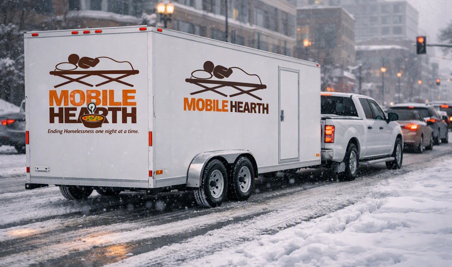 The Mobile Hearth equipment trailer being towed through snowy streets