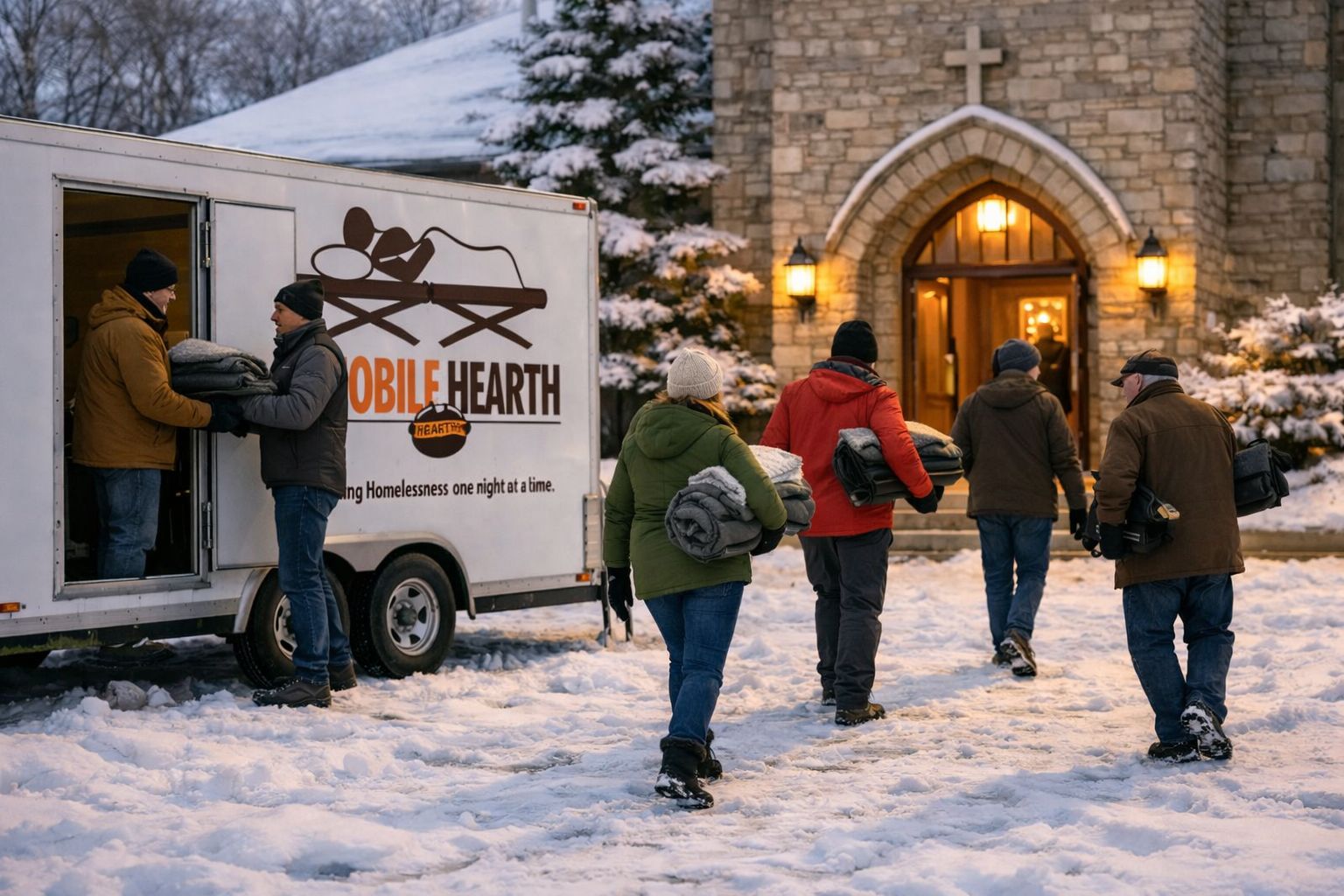 Volunteers carrying bedding from the Mobile Hearth trailer into a partner church on a snowy evening